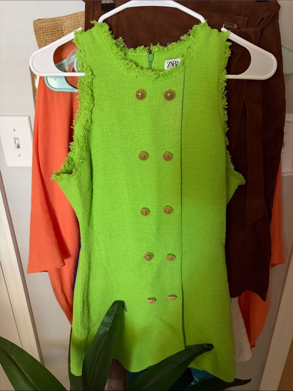 Zara Bright Lime Green Sleeveless Mini Dress with Gold Buttons